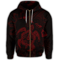Hawaiian Map Kanaka Hibiscus Turtle Red Polynesian Zip Hoodie - Polynesian Pride