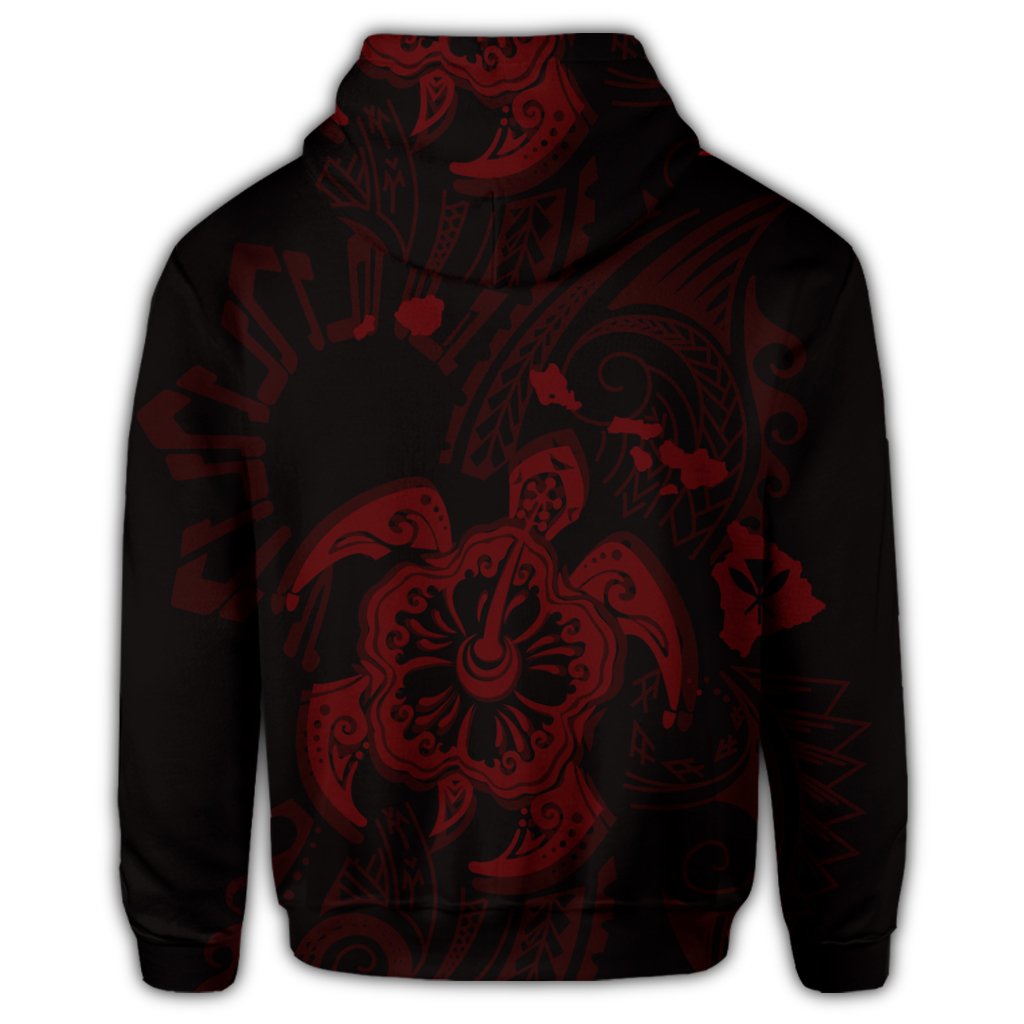 Hawaiian Map Kanaka Hibiscus Turtle Red Polynesian Zip Hoodie - Polynesian Pride