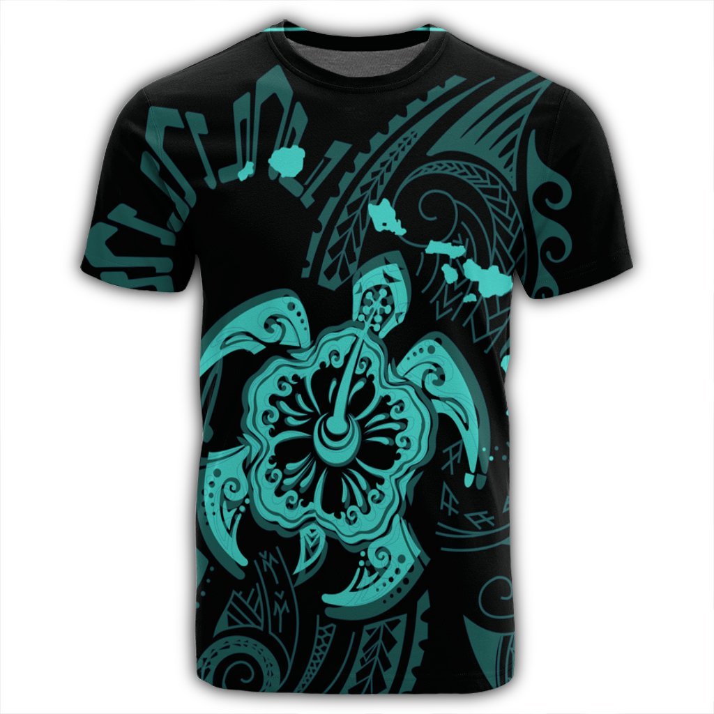 Hawaiian Map Kanaka Hibiscus Turtle Turquoise Polynesian T Shirt - Polynesian Pride
