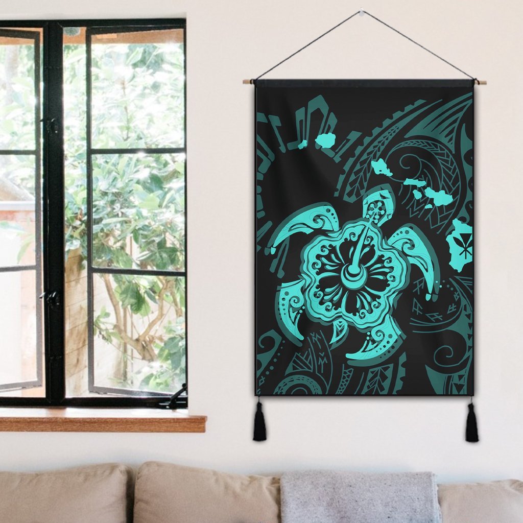 Hawaiian Map Kanaka Hibiscus Turtle Turquoise Polynesian Hanging Poster - AH - Polynesian Pride