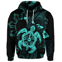 Custom Hawaiian Map Kanaka Hibiscus Turtle Turquoise Polynesian Hoodie - Polynesian Pride