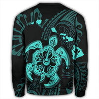 Hawaiian Map Kanaka Hibiscus Turtle Turquoise Polynesian Sweatshirt - AH - Polynesian Pride