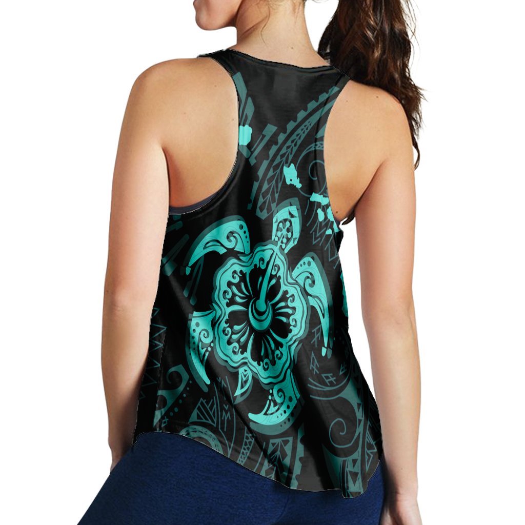 Hawaiian Map Kanaka Hibiscus Turtle Turquoise Polynesian Racerback Tank - AH - Polynesian Pride