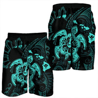 Hawaiian Map Kanaka Hibiscus Turtle Turquoise Polynesian Men's Shorts - AH - Polynesian Pride
