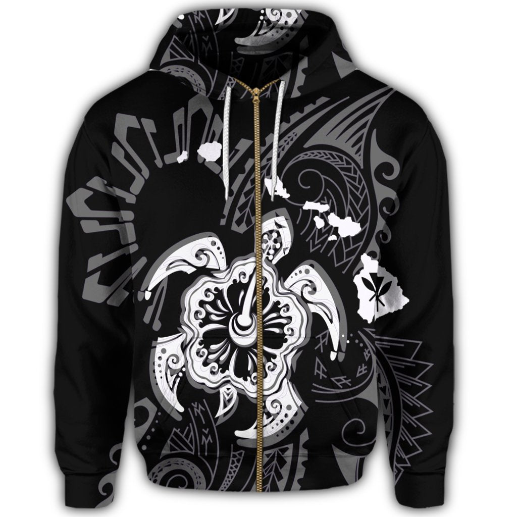 Hawaiian Map Kanaka Hibiscus Turtle White Polynesian Zip Hoodie - Polynesian Pride