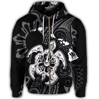 Hawaiian Map Kanaka Hibiscus Turtle White Polynesian Zip Hoodie - Polynesian Pride