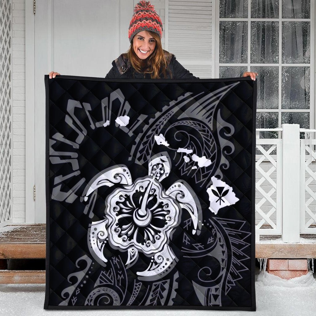 Hawaiian Map Kanaka Hibiscus Turtle White Polynesian Premium Quilts - AH - Polynesian Pride