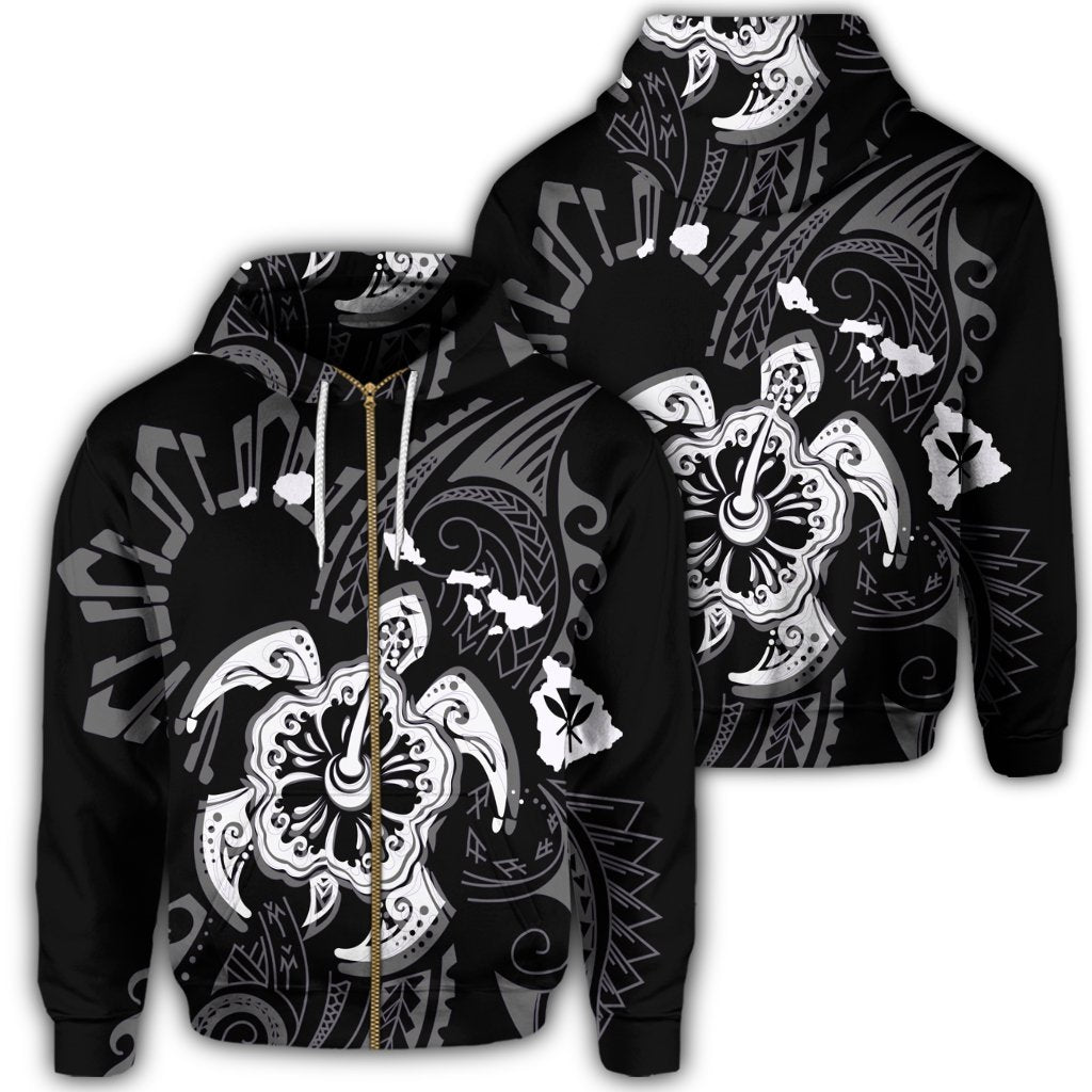 Hawaiian Map Kanaka Hibiscus Turtle White Polynesian Zip Hoodie Unisex Art - Polynesian Pride