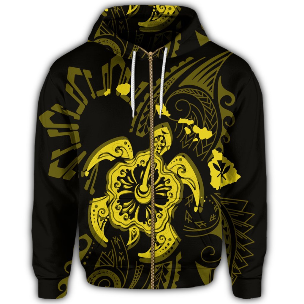 Hawaiian Map Kanaka Hibiscus Turtle Yellow Polynesian Zip Hoodie - Polynesian Pride