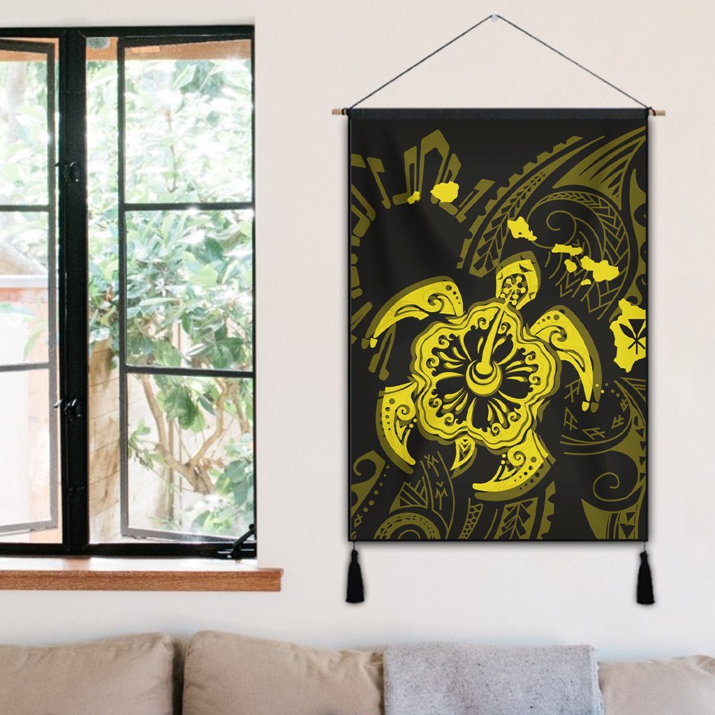 Hawaiian Map Kanaka Hibiscus Turtle Yellow Polynesian Hanging Poster - AH - Polynesian Pride