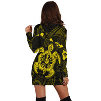 Hawaiian Map Kanaka Hibiscus Turtle Yellow Polynesian Hoodie Dress - AH - Polynesian Pride