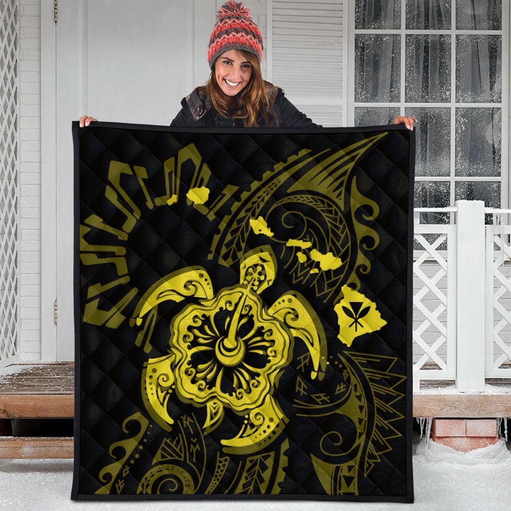 Hawaiian Map Kanaka Hibiscus Turtle Yellow Polynesian Premium Quilts - AH - Polynesian Pride