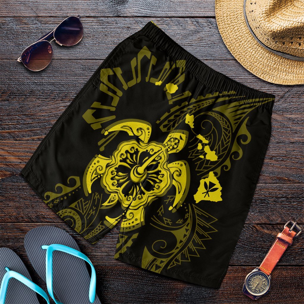 Hawaiian Map Kanaka Hibiscus Turtle Yellow Polynesian Men's Shorts - AH Art - Polynesian Pride