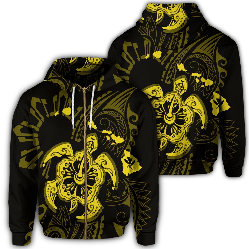 Hawaiian Map Kanaka Hibiscus Turtle Yellow Polynesian Zip Hoodie Unisex Art - Polynesian Pride