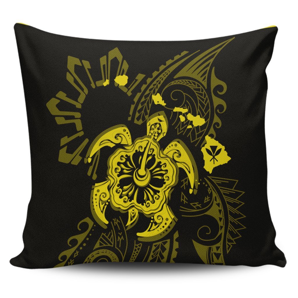 Hawaiian Map Kanaka Hibiscus Turtle Yellow Polynesian Pillow Covers - AH Pillow Covers Black - Polynesian Pride