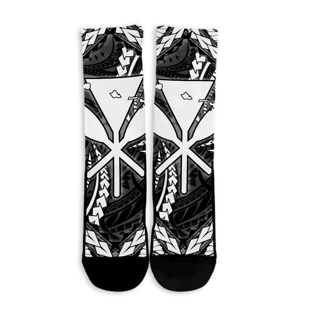 Hawaiian Map Kanaka Hibiscus White Polynesian Crew Socks - AH - Polynesian Pride