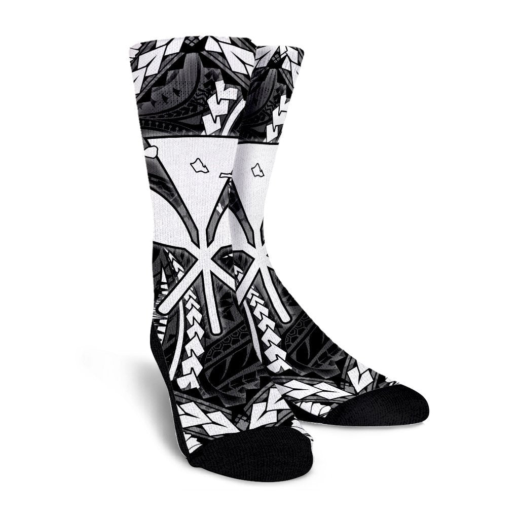Hawaiian Map Kanaka Hibiscus White Polynesian Crew Socks - AH - Polynesian Pride