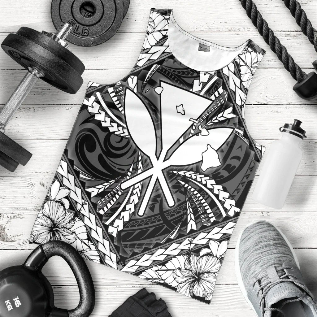 Hawaiian Map Kanaka Hibiscus White Polynesian Tank Top - AH - Polynesian Pride