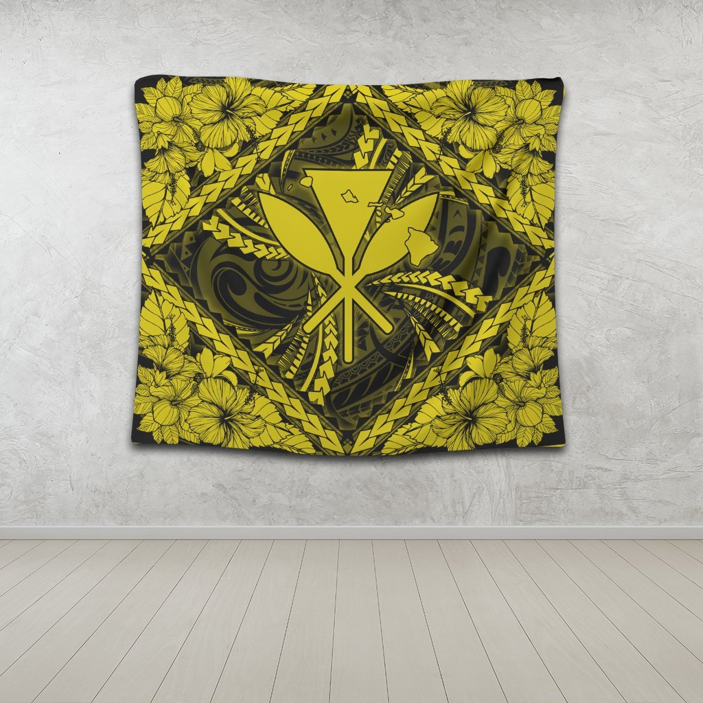 Hawaiian Map Kanaka Hibiscus Yellow Polynesian Tapestry - AH - Polynesian Pride