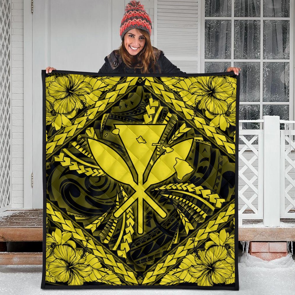 Hawaiian Map Kanaka Hibiscus Yellow Polynesian Premium Quilts - AH - Polynesian Pride