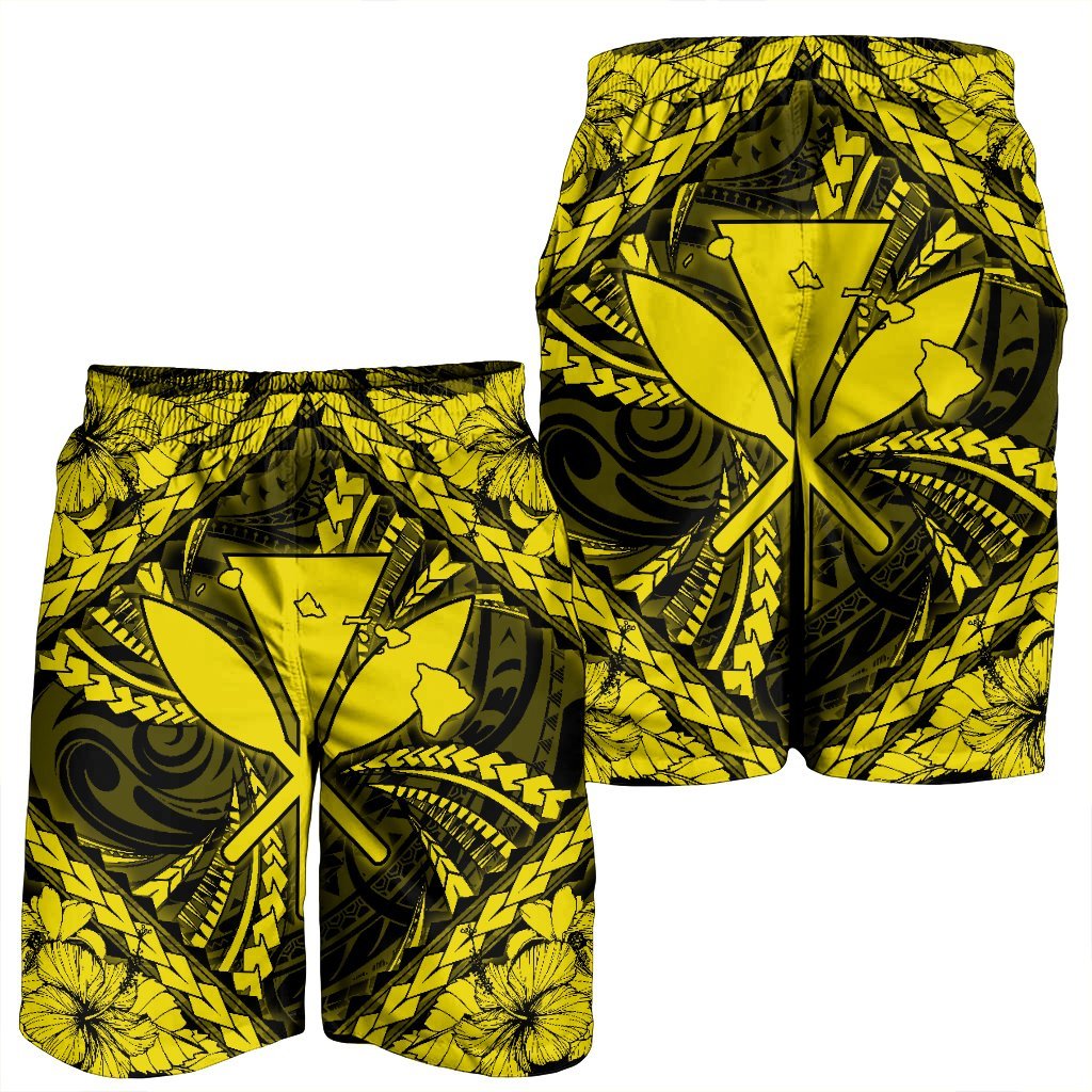 Hawaiian Map Kanaka Hibiscus Yellow Polynesian Men's Shorts - AH - Polynesian Pride