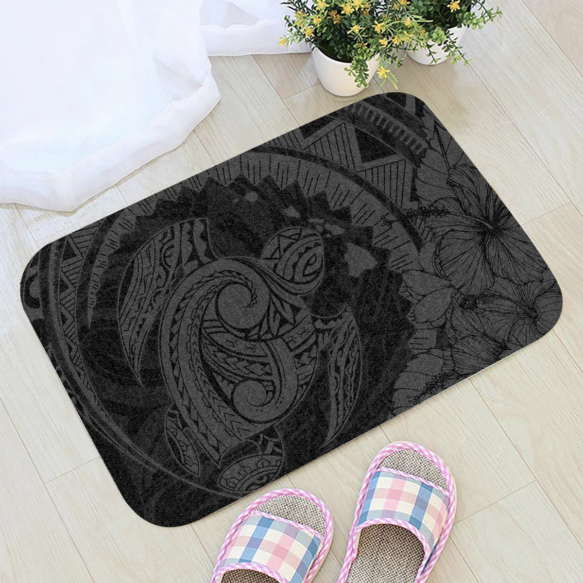 Hawaiian Map Kanaka Honu Hibiscus Globular Polynesian Door Mat Gray AH - Polynesian Pride