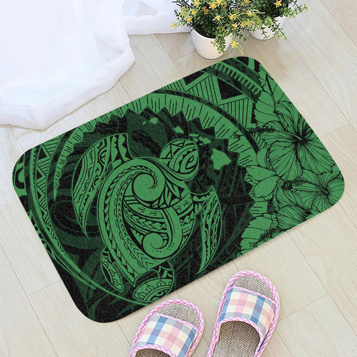 Hawaiian Map Kanaka Honu Hibiscus Globular Polynesian Door Mat Green AH - Polynesian Pride