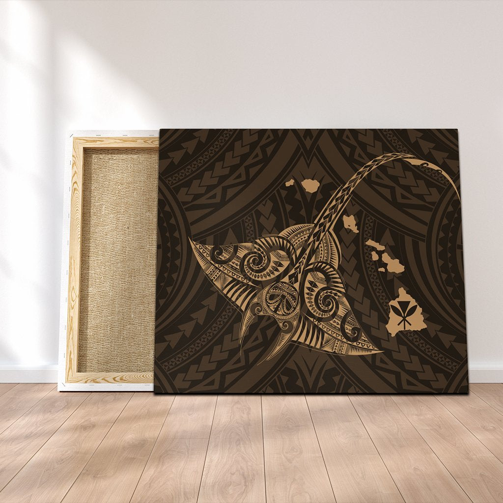 Hawaiian Map Kanaka Manta Ray Polynesian Canvas Gold - AH Canvas Poly-cotton - Polynesian Pride