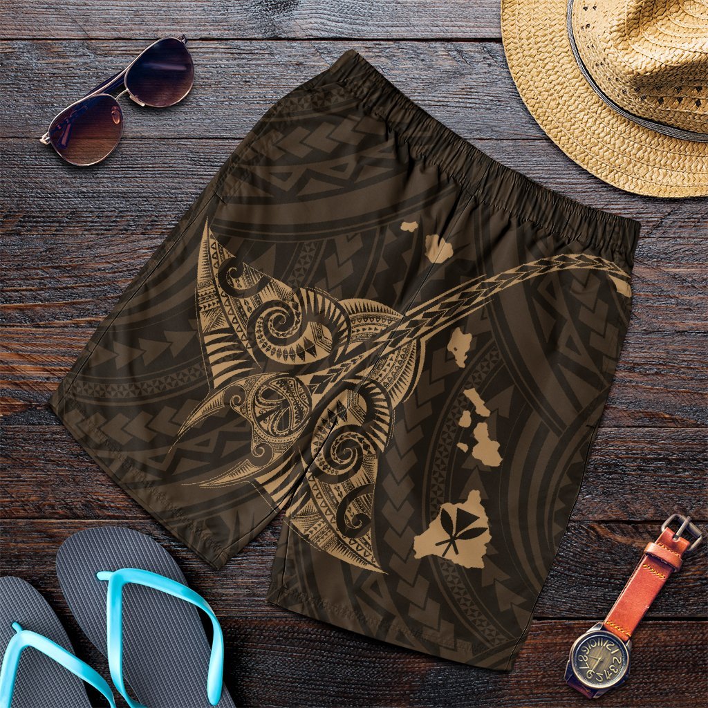 Hawaiian Map Kanaka Manta Ray Polynesian Men's Shorts Gold - AH Art - Polynesian Pride