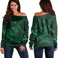 Hawaiian Map Kanaka Manta Ray Polynesian Women's Off Shoulder Sweater Green - AH Black - Polynesian Pride