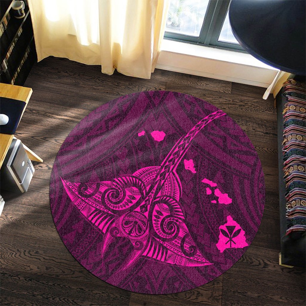 Hawaiian Map Kanaka Manta Ray Polynesian Round Carpet Pink - AH - Polynesian Pride