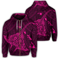 Hawaiian Map Kanaka Manta Ray Polynesian Zip Hoodie Pink Unisex Art - Polynesian Pride