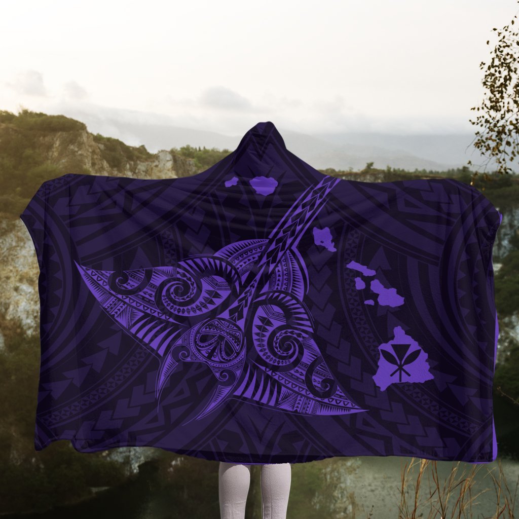 Hawaiian Map Kanaka Manta Ray Polynesian Hooded Blanket Purple - AH - Polynesian Pride