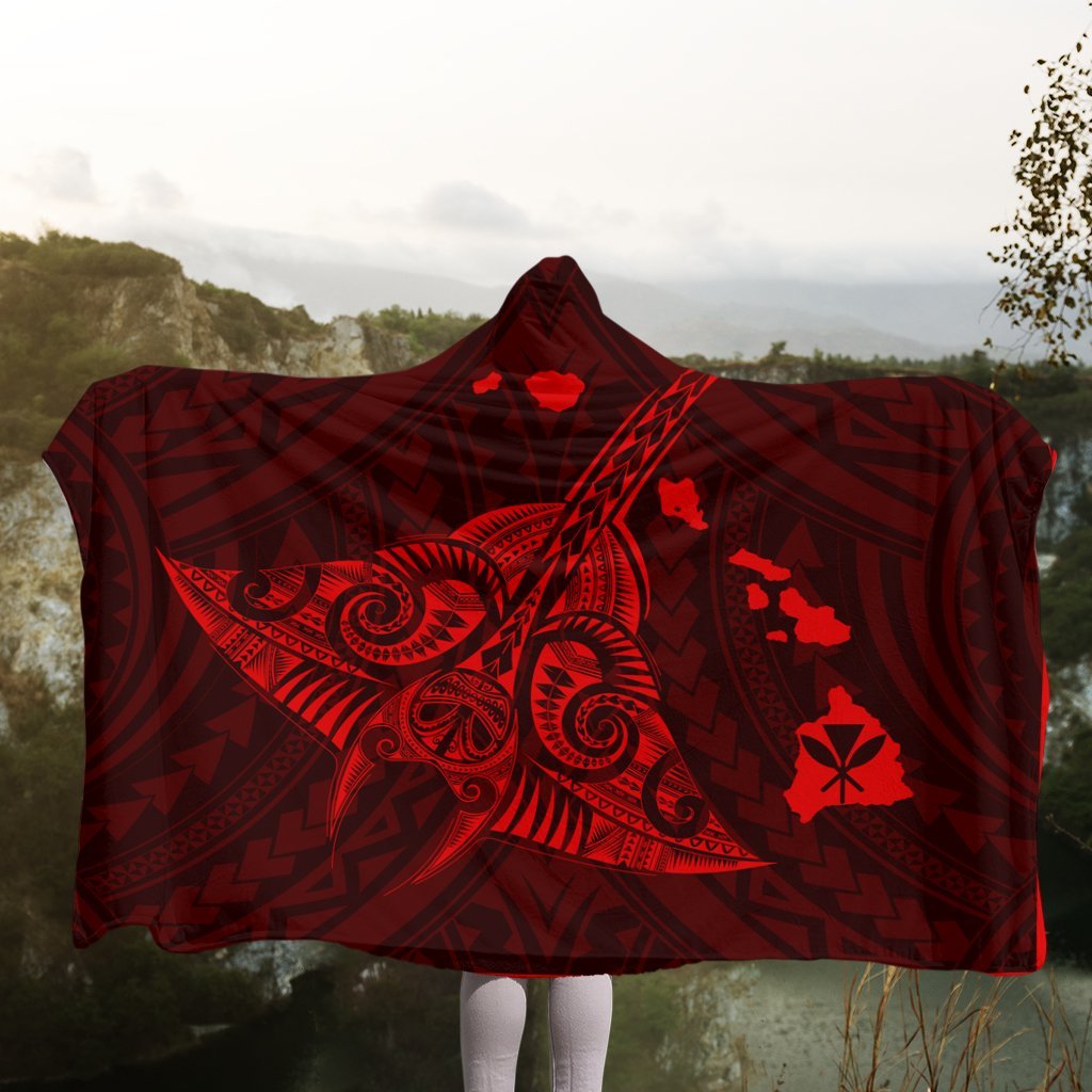 Hawaiian Map Kanaka Manta Ray Polynesian Hooded Blanket Red - AH - Polynesian Pride