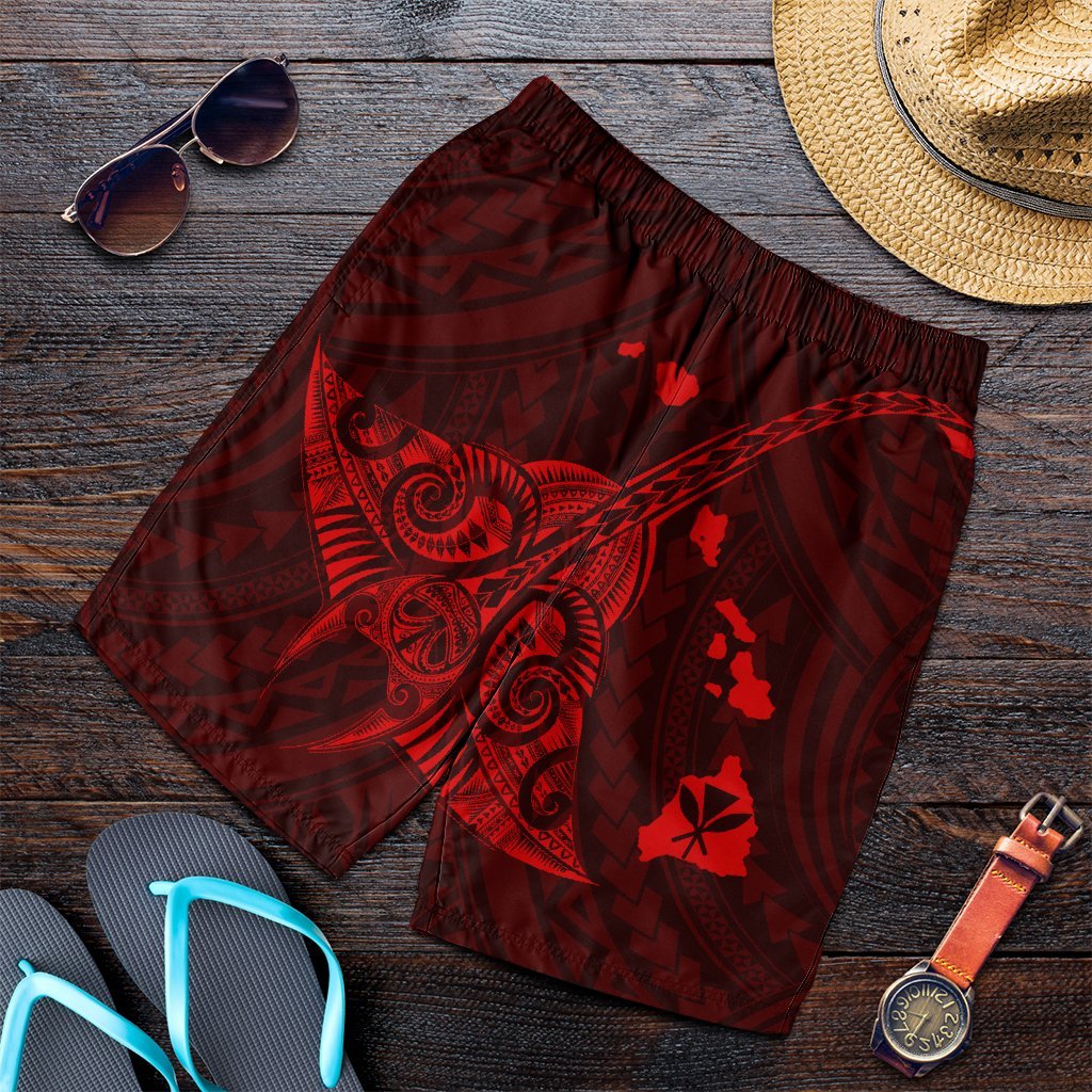 Hawaiian Map Kanaka Manta Ray Polynesian Men's Shorts Red - AH Art - Polynesian Pride