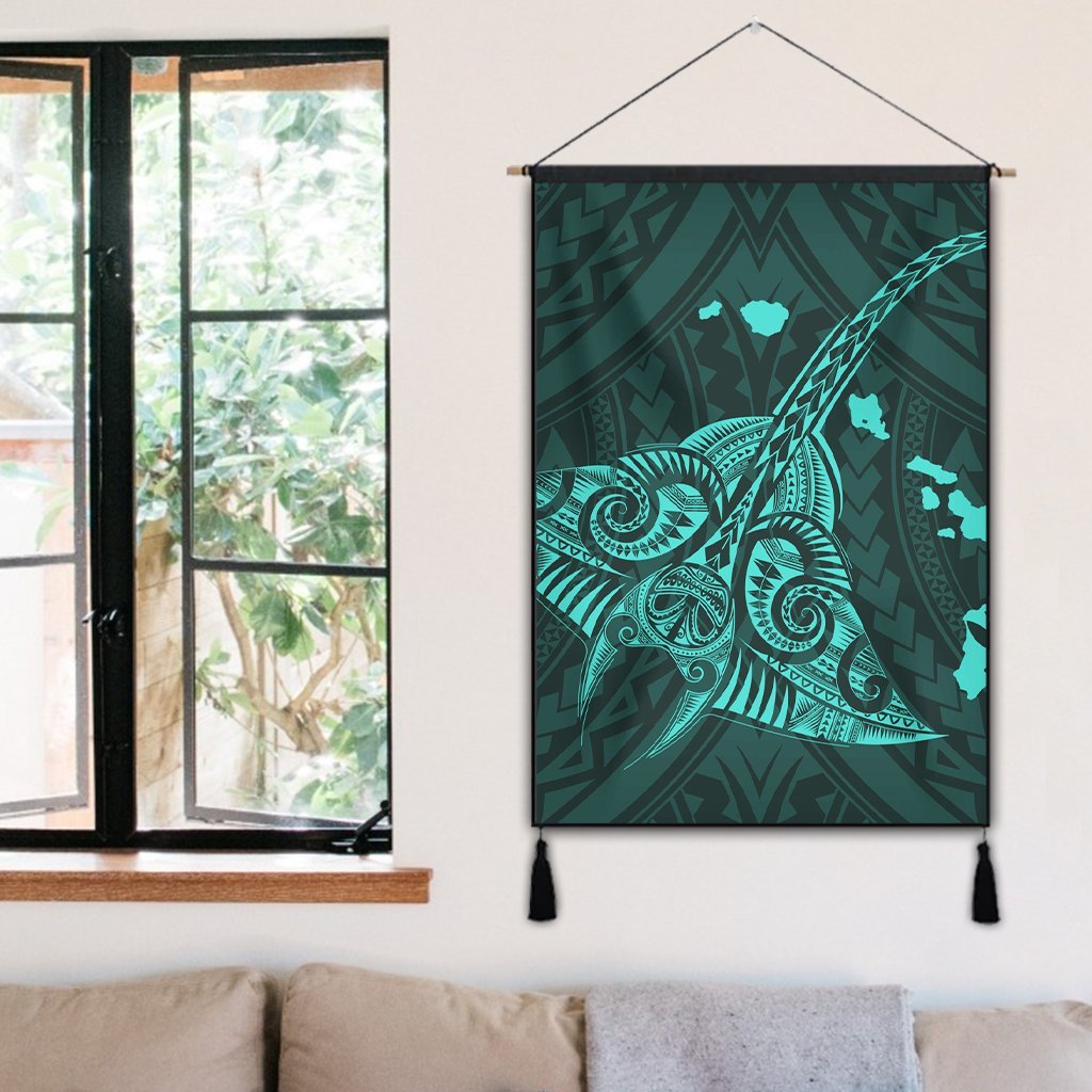 Hawaiian Map Kanaka Manta Ray Polynesian Hanging Poster Turquoise - AH - Polynesian Pride