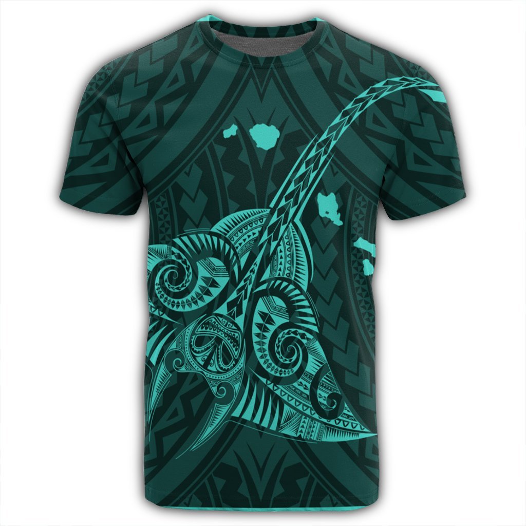 Hawaiian Map Kanaka Manta Ray Polynesian T Shirt Turquoise - Polynesian Pride