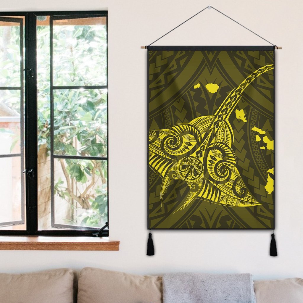 Hawaiian Map Kanaka Manta Ray Polynesian Hanging Poster Yellow - AH - Polynesian Pride