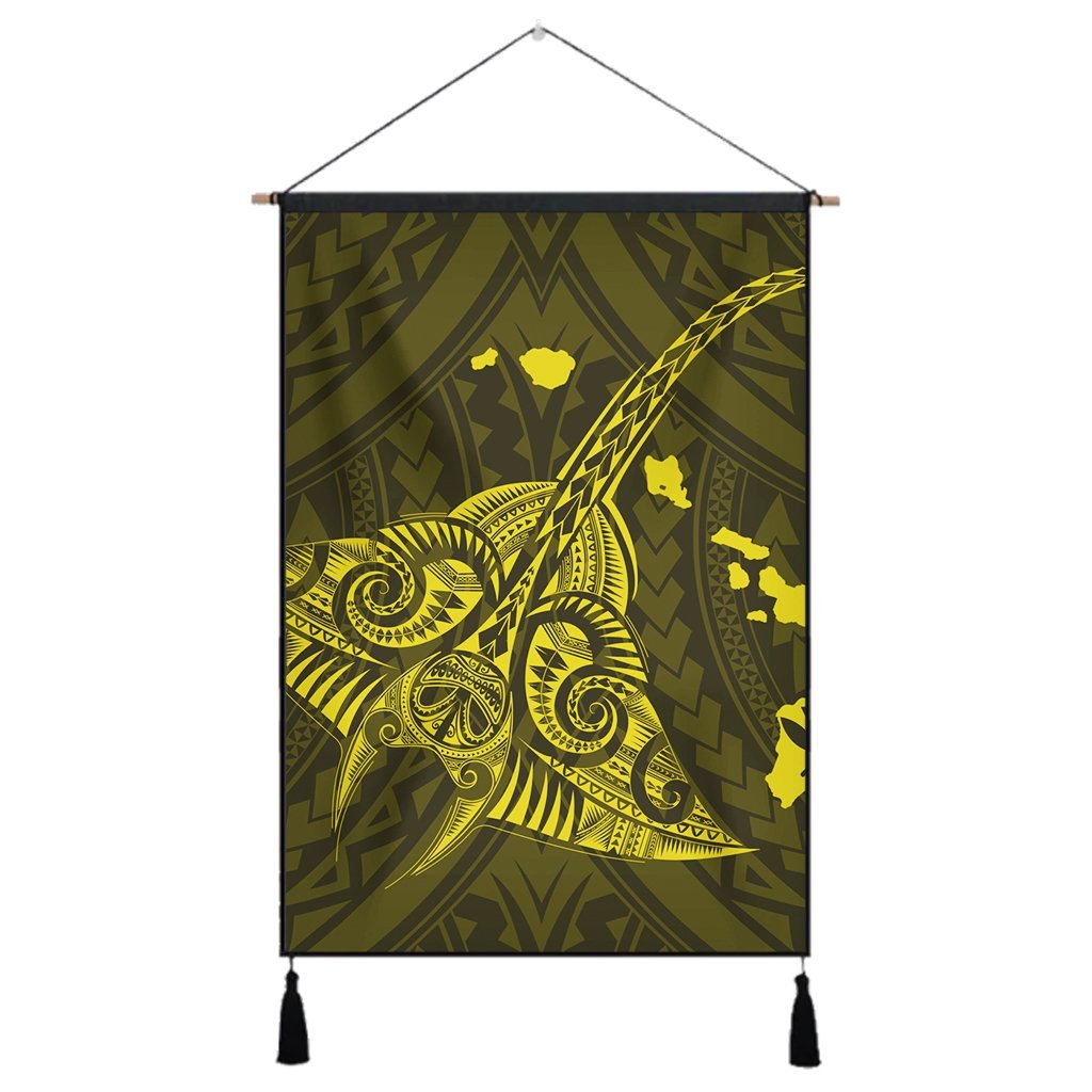 Hawaiian Map Kanaka Manta Ray Polynesian Hanging Poster Yellow - AH Hanging Poster Cotton And Linen - Polynesian Pride