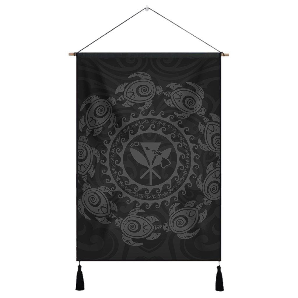 Hawaiian Map Kanaka Turtles Circle Style Gray Polynesian Hanging Poster - AH Hanging Poster Cotton And Linen - Polynesian Pride