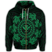 Hawaiian Map Kanaka Turtles Circle Style Green Polynesian Zip Hoodie - Polynesian Pride