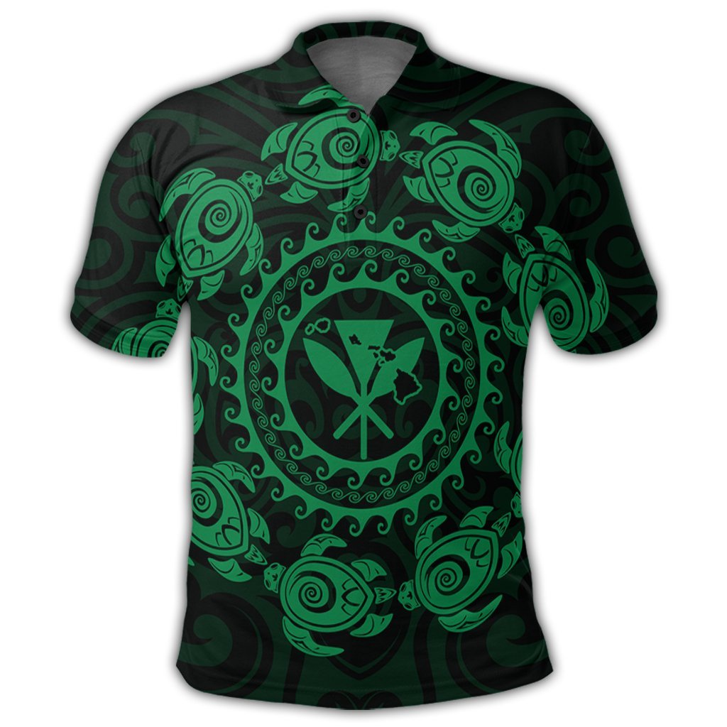 Hawaiian Map Kanaka Turtles Circle Style Green Polynesian Polo Shirt - Polynesian Pride