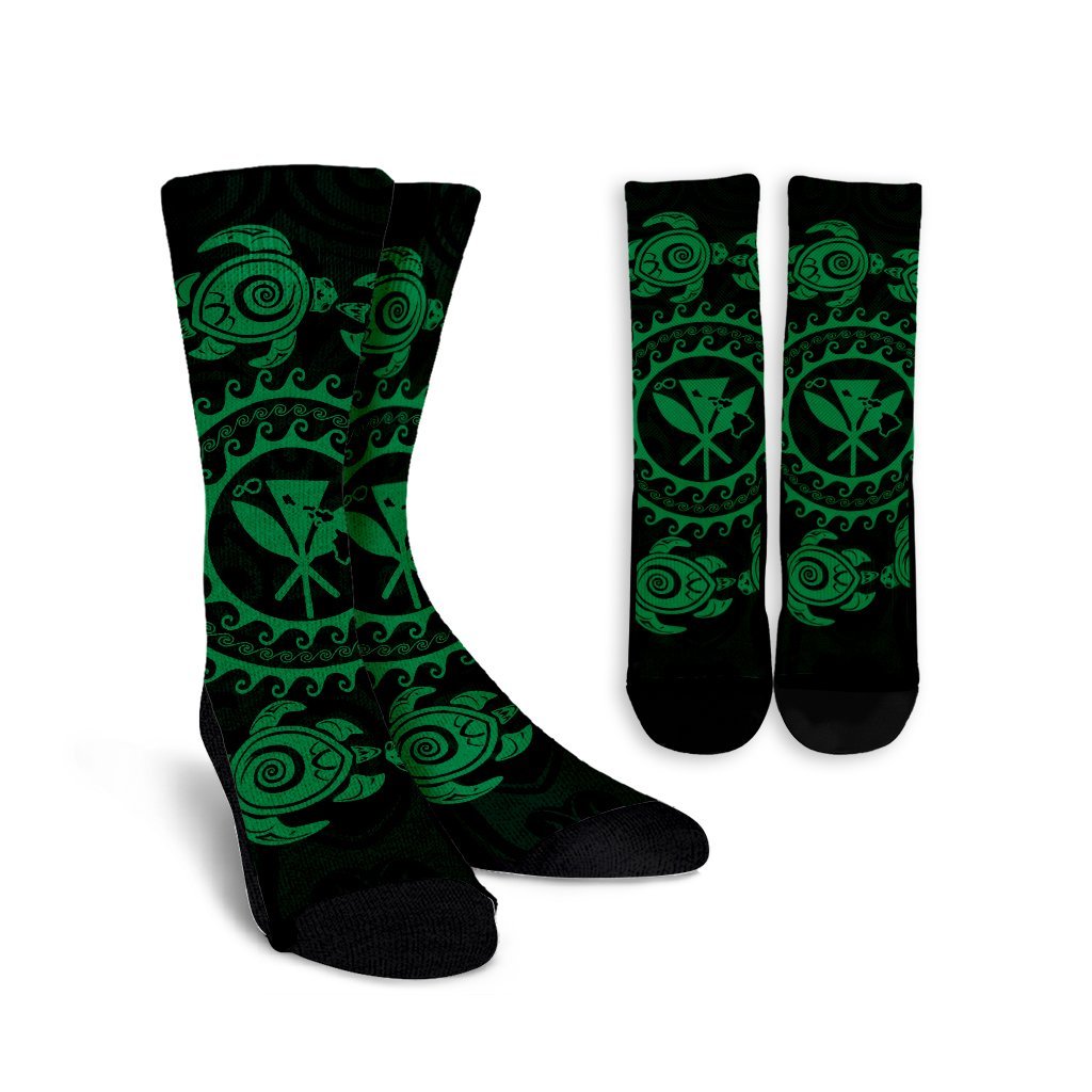 Hawaiian Map Kanaka Turtles Circle Style Green Polynesian Crew Socks - AH Crew Socks White - Polynesian Pride