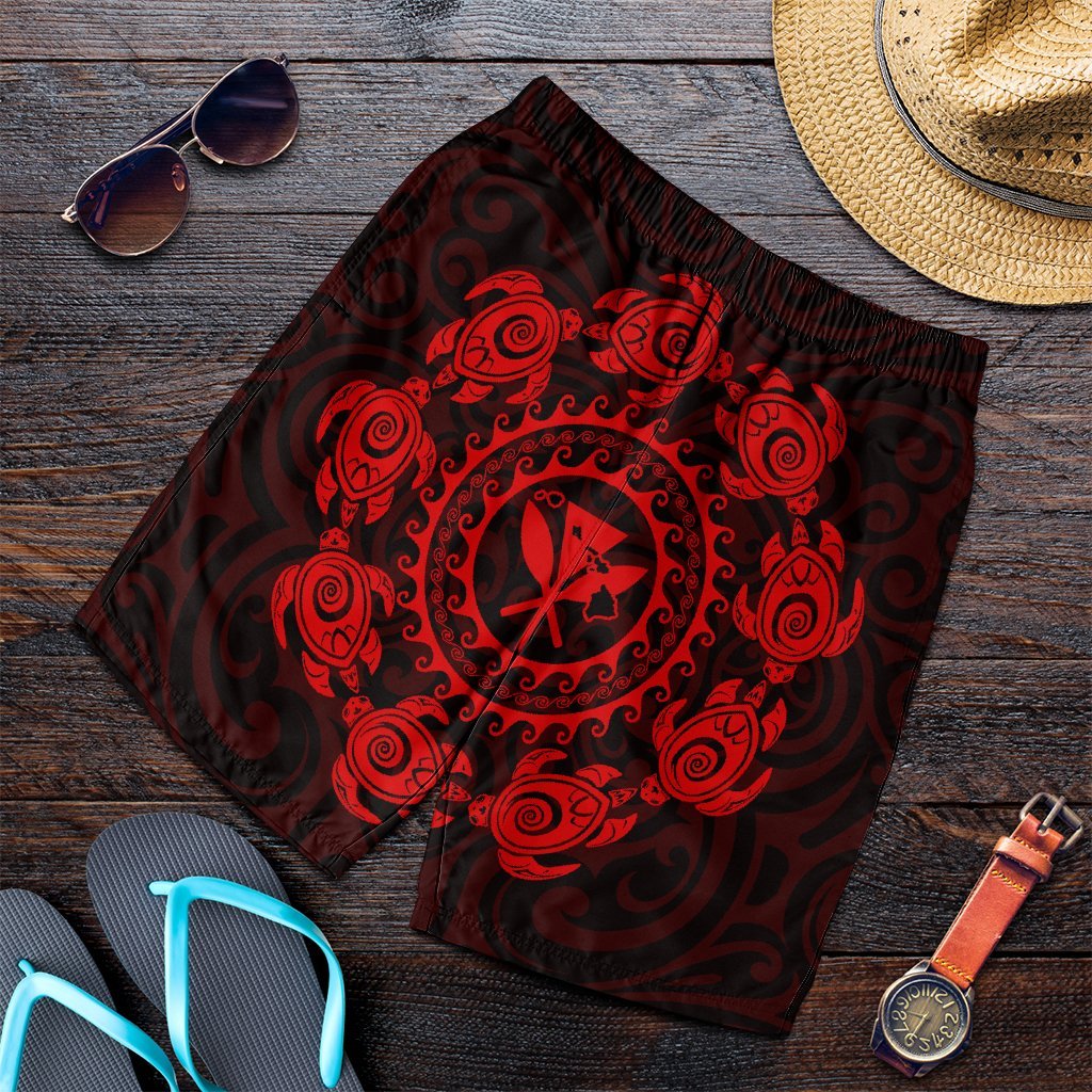 Hawaiian Map Kanaka Turtles Circle Style Red Polynesian Men's Shorts - AH Art - Polynesian Pride