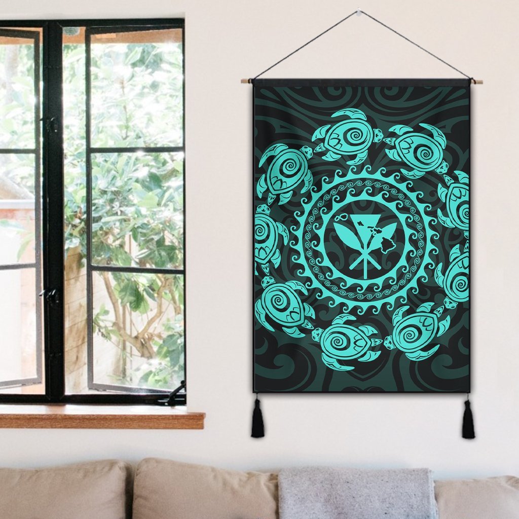 Hawaiian Map Kanaka Turtles Circle Style Turquoise Polynesian Hanging Poster - AH - Polynesian Pride