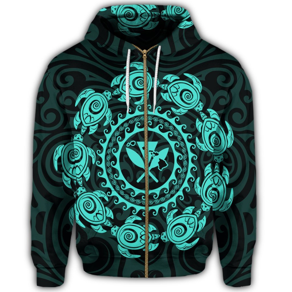 Hawaiian Map Kanaka Turtles Circle Style Turquoise Polynesian Zip Hoodie - Polynesian Pride
