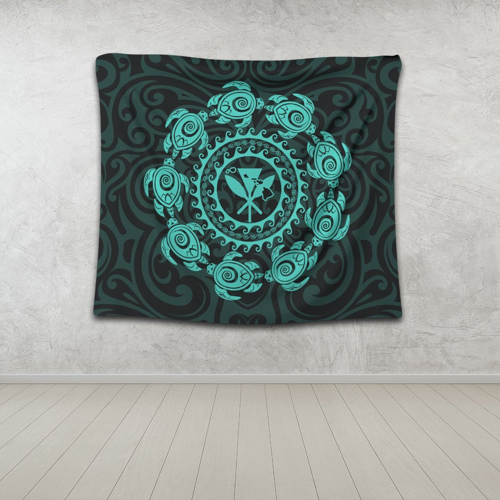 Hawaiian Map Kanaka Turtles Circle Style Turquoise Polynesian Tapestry - AH - Polynesian Pride