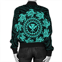Hawaiian Map Kanaka Turtles Circle Style Turquoise Polynesian Bomber Jacket - AH - Polynesian Pride