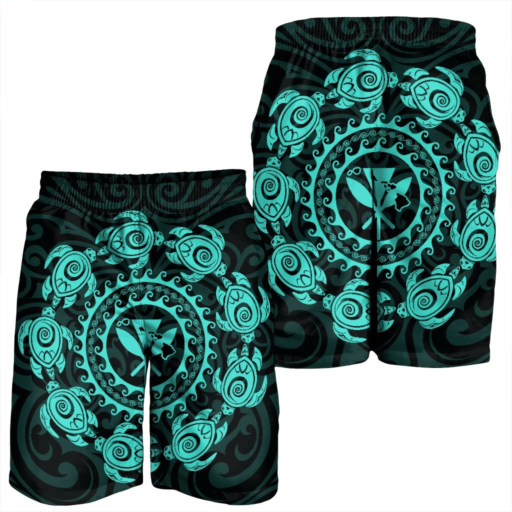 Hawaiian Map Kanaka Turtles Circle Style Turquoise Polynesian Men's Shorts - AH - Polynesian Pride