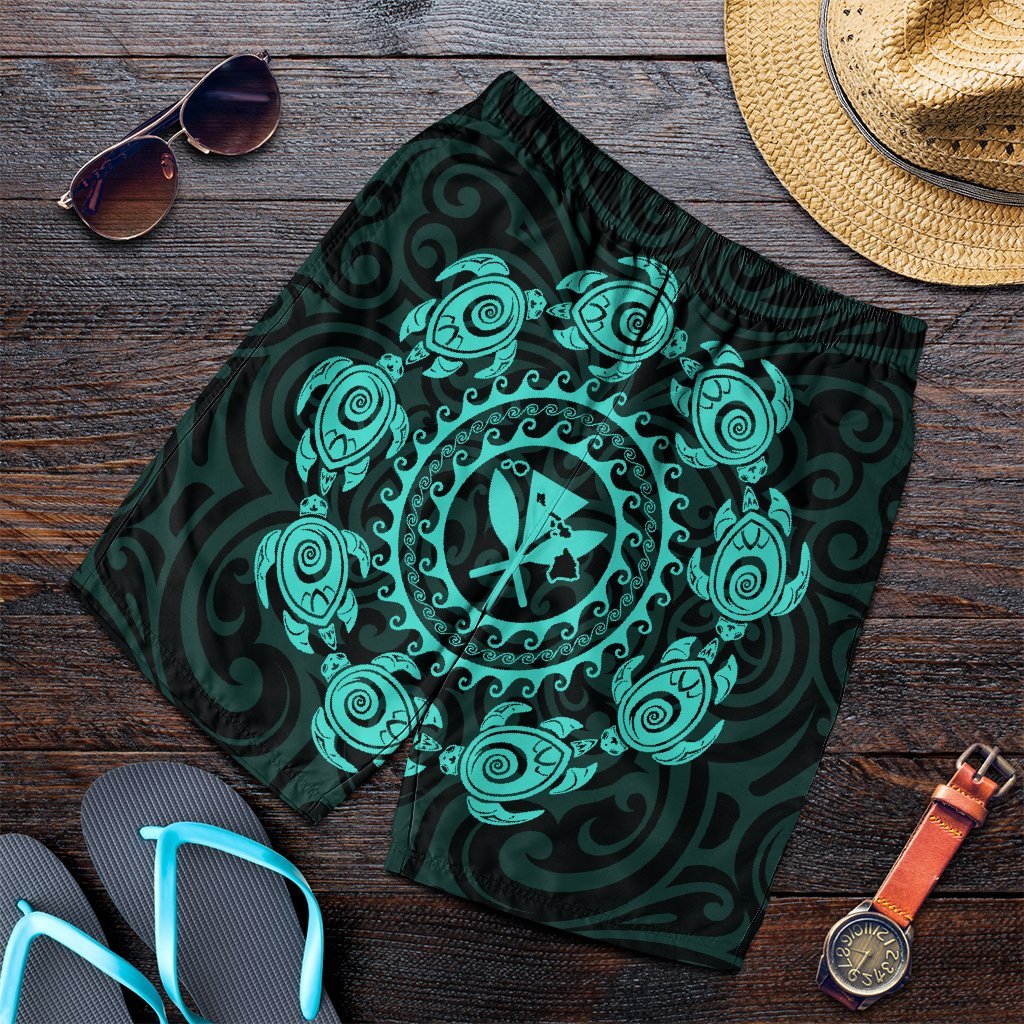 Hawaiian Map Kanaka Turtles Circle Style Turquoise Polynesian Men's Shorts - AH Art - Polynesian Pride
